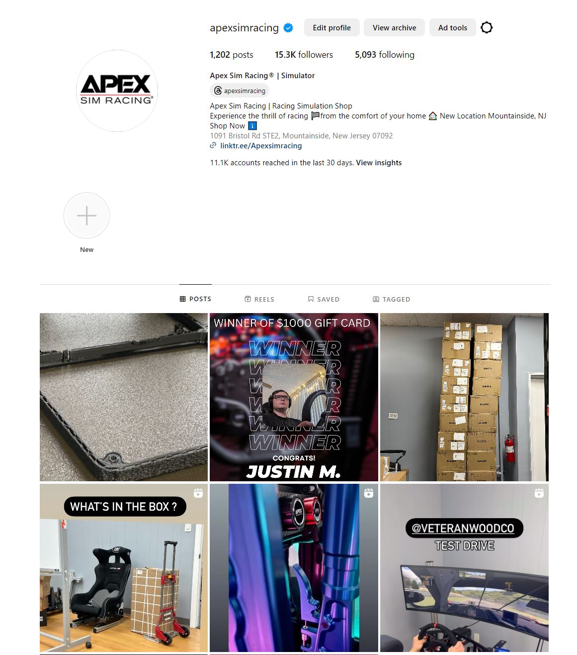 Apex Sim Racing Instagram account page
