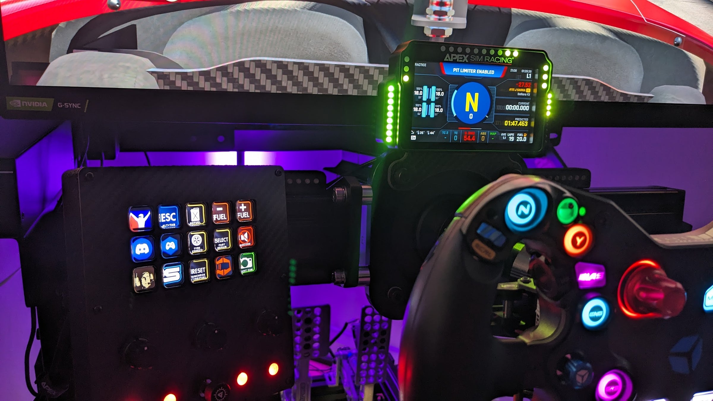Sim Racing Rig with Apex Sim Racing Race deck button box and Gt3r racing display (ddu) and Cube Controls Fpro