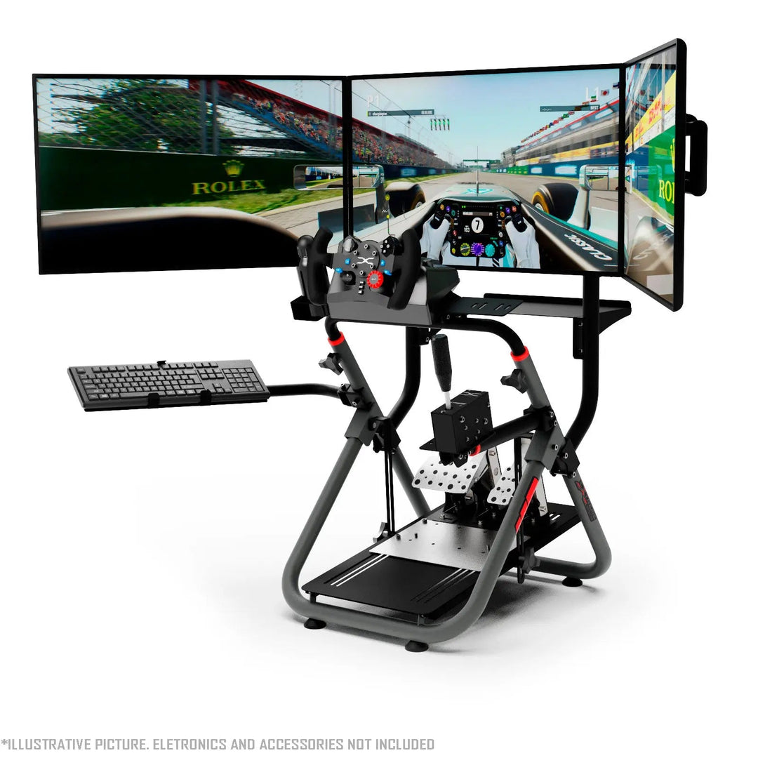 Sim Racing Wheel Stand - Extreme Sim Racing SXT V2 Nardo Gray With Triple monitors keyboard and shifter mount and logitech steering wheel and pedals