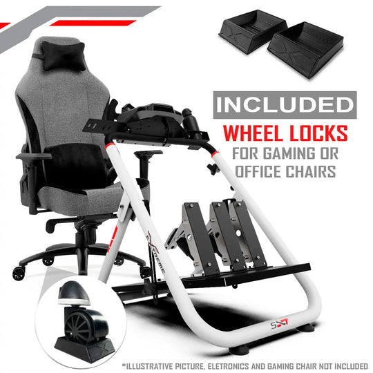 Sim Racing Wheel Stand - Extreme Sim Racing SXT V2 White Side View with chair wheel locks